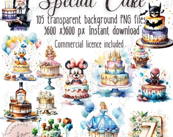 Special Cake birthday clipart set transparent background, PNG instant download, DIY scrapbook kit, commercial licence, watercolor bundle