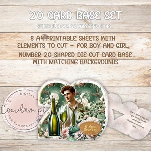 Conjunto de base de vinte cartões - Kit digital de criação de cartões de 20 anos com elementos florais, retratos e formato de cartão exclusivo para pacote DIY de scrapbooking
