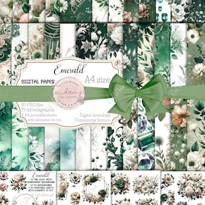 Emerald PNG Files, A4 Backgrounds, Cutting Sheets, Commercial Use, watercolor green floral digital paper, clipart elegant vintage bundle kit