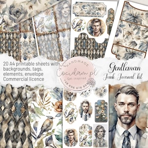 Patrón de papel digital diario basura Gentlemancommercial licencia descarga instantánea, acuarela DIY basura diario kit de álbum de recortes flores elegantes
