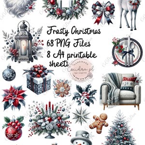 Może przedstawiać: Cyfrowy kolaż ilustracji bożonarodzeniowych. Przedstawiono Świętego Mikołaja, wieńce, ozdoby, renifera i choinkę. Tekst "Frosty Christmas" i inne szczegóły są zawarte. Obrazy są w kolorze czerwonym, białym i niebieskim.