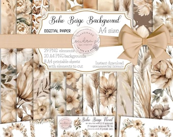 Boho Floral Hintergrund Clipart Set transparenter Hintergrund PNG sofortiger Download DIY Scrapbook Kit, kommerzielle Lizenz handgemachtes Pampasgras