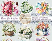 Flower Box & Wine clipart set transparent background PNG instant download DIY scrapbook kit, commercial licence, birthday wedding invitation