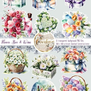 Blumenkasten & Wein Clipart Set transparenter Hintergrund PNG sofortiger Download DIY Scrapbook Kit, kommerzielle Lizenz, Geburtstags-Hochzeitseinladung