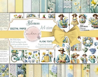 May include: A digital paper pack with 86 PNG files, 26 A4 backgrounds, and 16 A4 printable sheets with elements to cut. The pack features a floral theme with blue and yellow flowers, a bicycle, and a lemonade jar. The text "Blossom" is featured on the cover.