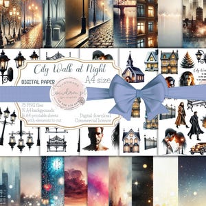Stadswandeling bij nacht digitale scrapbookingcollectie - 75 afbeeldingen, 31 achtergronden, 16 knipvellen in hyperrealistische aquarelstijl