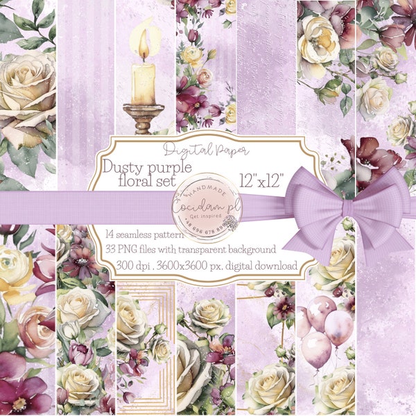 Digital paper seamless pattern clipart set Dusty Purple floral, commercial licence, instant download, watercolor baptism, DIY scrapbook kit