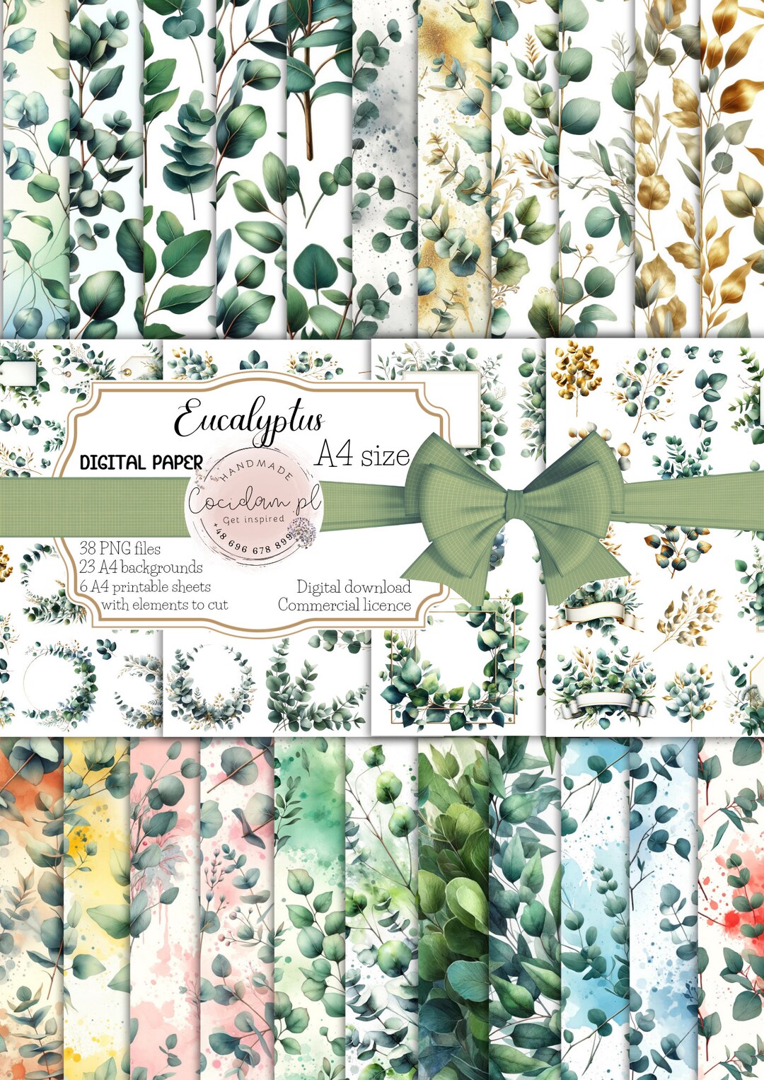 Digital Paper Leafs Pattern Clipart Set Eucalyptus Watercolor Plant ...