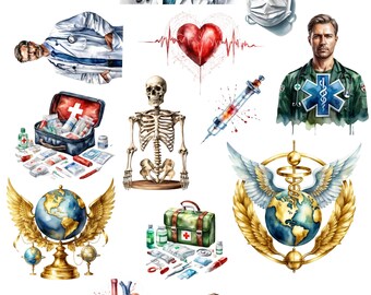 Medizin-Aquarell-Clipart-Set, Krankenschwester, Krankenwagen, Rettungsärzte, kommerzielle Lizenz, transparenter Hintergrund, Sofort-Download-Paket