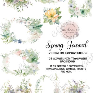 Digitales Papier-Clipart-Set, Junk-Journal-Kit „Spring Journal“, kommerzielle Lizenz, sofortiger Download, druckbares DIY-Sammelalbum in Umschlagtasche