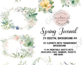 Digital paper clipart set junk journal kit "Spring Journal ", commercial license, instant download, envelope pocket printable DIY scrapbook
