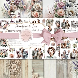 Colección de álbumes de recortes digitales Grandparents Love - 44 PNG, 14 fondos A4, 7 hojas de corte - Perfecto para tarjetas, diarios y manualidades