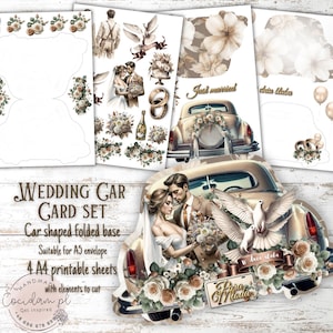 Conjunto de cartões para carro de casamento - Coleção de scrapbooking digital | Base dobrável para cartão A5 | Folhas A4 para impressão com elementos recortados | uso comercial