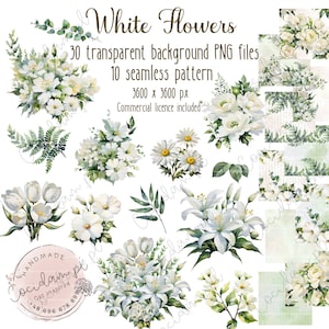 Digitales Papier nahtloses Muster Clipart Set "Weiße Blumen", kommerzielle Lizenz, sofortiger Download, Aquarell Taufe, DIY Scrapbook Kit