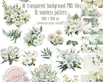 Digital paper seamless pattern clipart set "White Flowers", commercial licence, instant download, watercolor baptism, DIY scrapbook kit