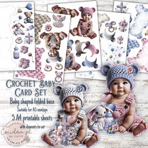 Conjunto de cartões de crochê para bebê - 5 folhas digitais A4 | Cartões de Bebê com Elementos de Crochê para Aniversários, Chás de Bebê, Batizados, Convites
