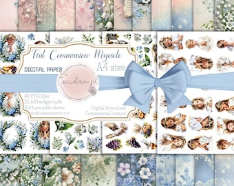 First Holy Communion - PNG and A4 digital collection | Forget-me-nots, lilies of the valley, watercolor backgrounds and cutting sheets | DIY handmade set