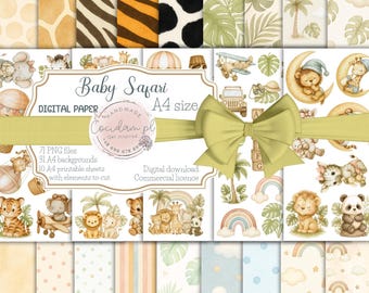 Baby Safari - Set of 71 PNG graphics + 31 A4 backgrounds + 10 cutting sheets | watercolor, scrapbooking, children's room, jungle party