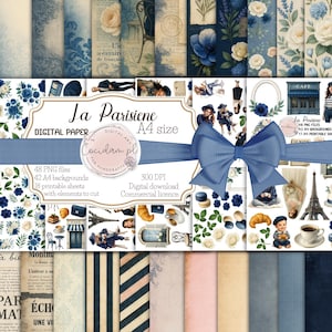 La Parisiene – 48 gráficos PNG + 42 fundos A4 + 18 folhas recortadas | kit de scrapbook digital vintage frança paris diário flores