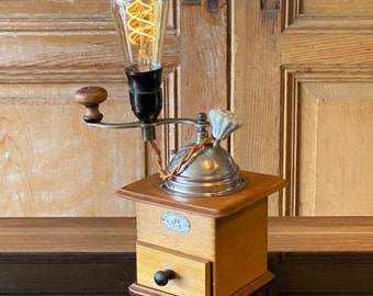 Coffee grinder upcycling table lamp LED dimmable