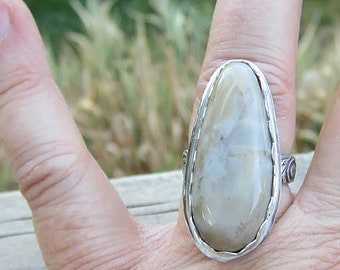 Plume Agate Cabochon Sterling Silver Ring Size 7.5