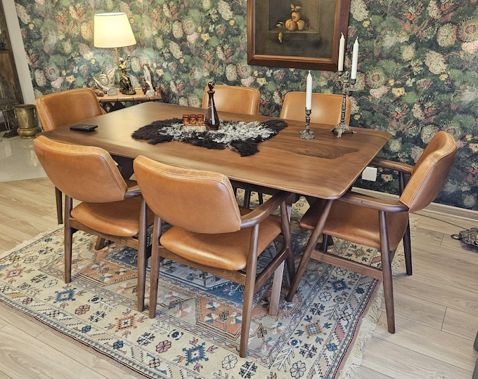 Solid Walnut Dining Table and Chair Set - Mid Century Dining Table, Handmade Custom Size Wood Table With Wood Legs