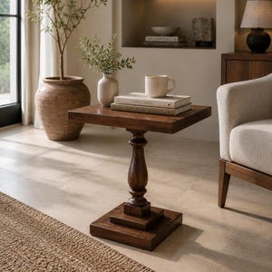 Puede incluir: Una mesa auxiliar cuadrada de madera con una base de pedestal central y un pie cuadrado escalonado. Sobre la mesa hay una taza de cerámica beige sobre dos libros apilados, el superior titulado This Is Home y el inferior Live Beautifully.