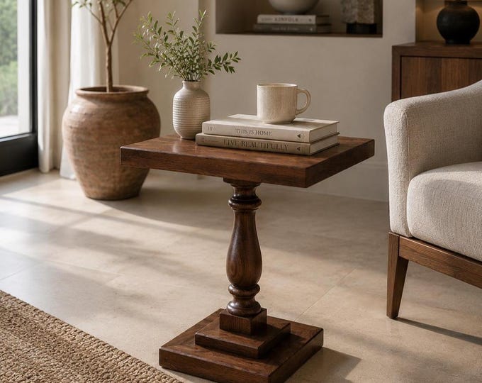 Solid Wood Side Table, Pedestal End Table, Square Accent Table, Rustic Wood Furniture, Oak & Walnut Side Table, Handmade Table