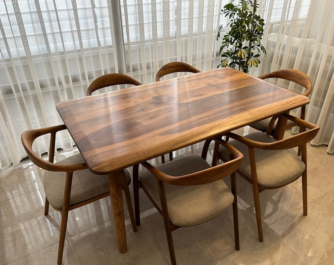Elegant Walnut Dining Table and Chair Set - Mid Century Dining Table, Handmade Solid Wood Table With Wood Legs