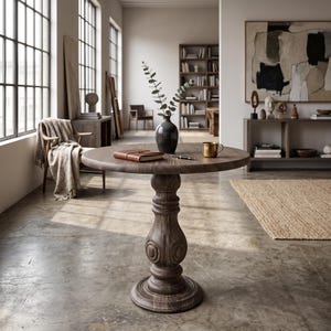 May include: A round dark brown wooden pedestal table with a thick central column base. On the tabletop sits a dark gray ceramic vase containing a green leafy branch, a brown leather-bound notebook, a black pen, and a metallic gold mug.