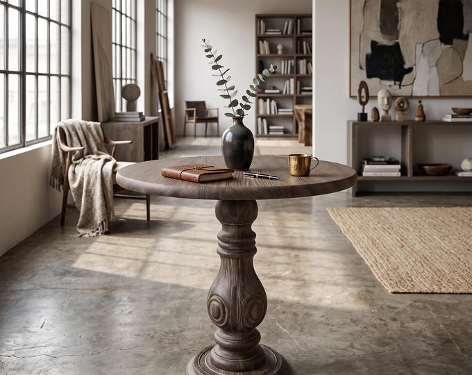 Reclaimed Wood Table, Round Pedestal Table, Rustic Farmhouse Table, Handmade Kitchen Table, Vintage Country Furniture Entryway Table