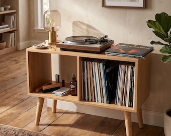 Soporte de madera para discos de vinilo, soporte para tocadiscos con almacenamiento, mueble para LP de estilo moderno de mediados de siglo, consola de madera para tocadiscos