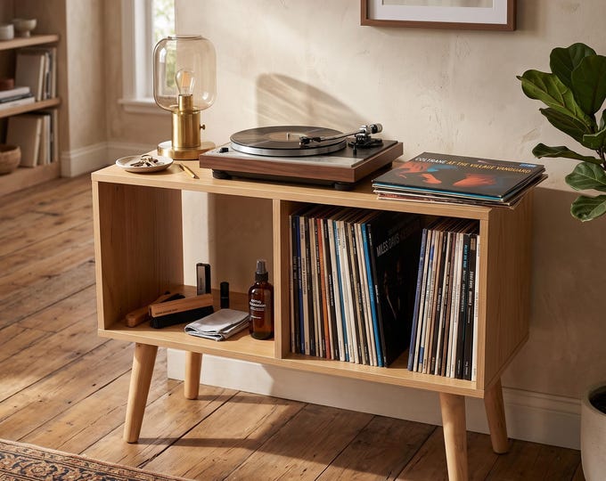 Wood Vinyl Record Stand, Record Player Stand with Storage, Mid Century Modern LP Cabinet, Wooden Turntable Console