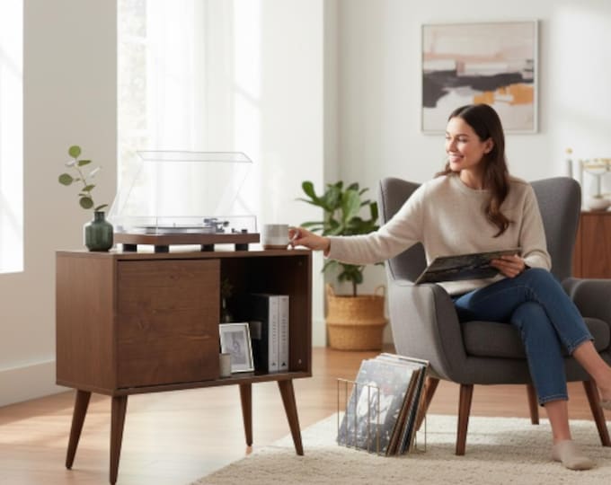 Sliding Vinyl Record Cabinet, Wooden Record Player Stand, Retro Record LP Cabinet, Turntable Stand with Shelve, Handmade Media Console