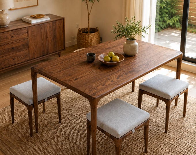 Handmade Wood Dining Table and Chair Set - Mid Century Modern,Handmade Solid Wood Table, Minimal Wooden Table, Custom-sized  Table Set