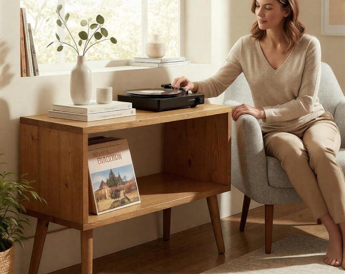 Solid Wood Vinyl Storage Stand, Wooden Record Player Stand, Retro Record LP Cabinet, Turntable Stand with Shelve, Vintage Record Player