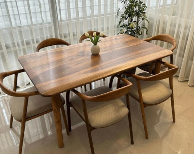 Elegant Walnut Dining Table and Chair Set - Mid Century Dining Table, Handmade Solid Wood Table With Wood Legs