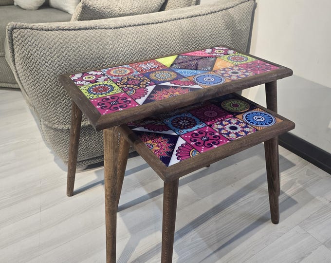 Wood Set of 2 Nesting Coffee Tables,Minimalist Coffee Table Set for Modern Home,Glass Nesting End Tables, Ottoman Style Glass Top Side Table