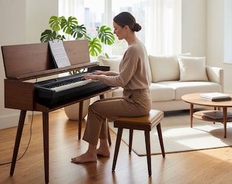 Supporto per pianoforte in legno fatto a mano, supporto per pianoforte in legno con cassetto, supporto per tastiera digitale, pianoforte per bambini, supporto per pianoforte personalizzato, regalo di San Valentino