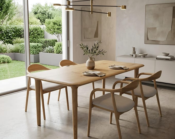 Handmade Chestnut Wood Dining Table and Chair Set - Mid Century Modern