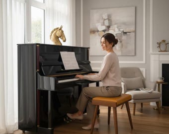 Banco de piano em madeira de carvalho, banco para piano, banqueta de maquiagem estilo meados do século, presente artesanal, banco otomano, personalização, Dia dos Namorados