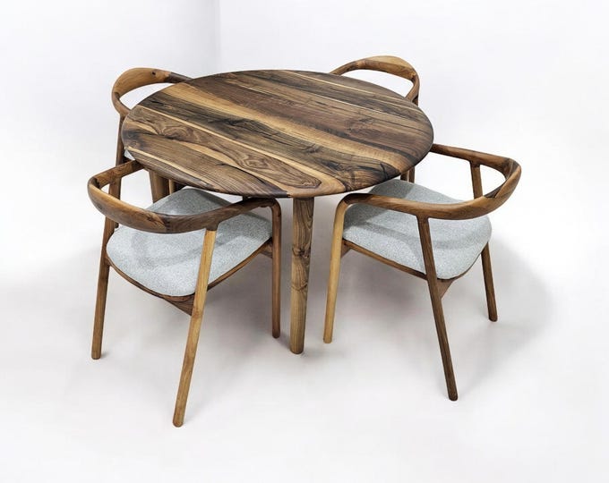 Elegant Walnut Dining Table and Chair Set - Mid Century Dining Table, Handmade Solid Wood Table With Wood Legs