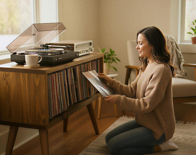 Solid Wood Vinyl Storage Stand, Tv Stand, Wooden Tv Unit,Record Player Stand,Turntable Stand with Shelve, Mid Century Music Media Furniture