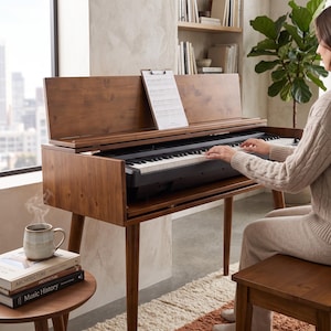 Könnte beinhalten: Ein Digitalpiano in einem mittelbraunen Holzgehäuse mit konischen Beinen, ausgestattet mit einer schwarzen Tastatur, einem Notenständer mit Notenblatt und einer passenden Holzbank. Eine Keramiktasse steht auf einem Bücherstapel auf einem Beistelltisch.