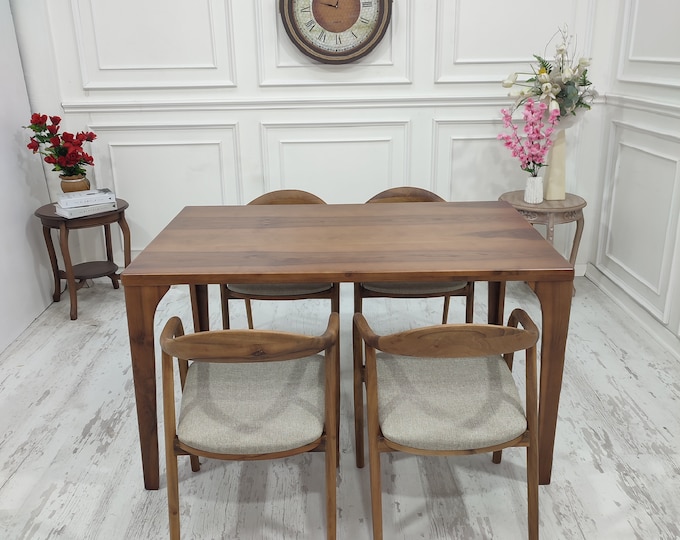 Walnut Dining Table and Chair Set - Mid Century Dining Table  Handmade Solid Wood Table With Wood Legs