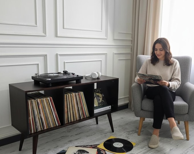 Solid Wood Vinyl Storage Stand, Tv Stand, Wooden Tv Unit,Record Player Stand,Turntable Stand with Shelve, Mid Century Music Media Furniture