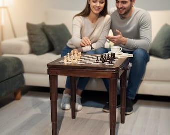 Handgjort schack- och backgammonbord, soffbord i trä för två spel, konvertibelt spelbord, brädspelsmöbler för vardagsrum, julklapp