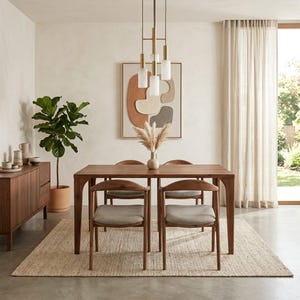 Op de afbeelding: Een rechthoekige houten eettafel met vier stoelen voorzien van lichtgrijze gestoffeerde zittingen. Een messing hanglamp hangt erboven en een ingelijst abstract kunstwerk met terracotta en grijze vormen is gecentreerd aan de muur bevestigd.