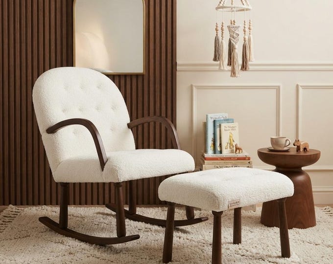 Handmade Wooden Rocking ArmChair with Matching Ottoman, Sherpa Accent Chair, Easy Assembly, Upholstered Lounge ArmChair, Footstool