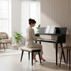 Könnte beinhalten: Ein schwarzes Digitalpiano mit einem Notenständer, auf dem Notenblätter liegen, steht auf vier konisch zulaufenden Beinen. Eine passende Bank mit cremefarbenem Polstersitz steht vor dem Instrument und bietet eine stabile Sitzgelegenheit.